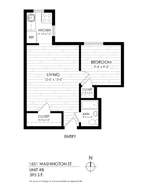 Floor plan for 1 bed, 1 bath, 410 sqft